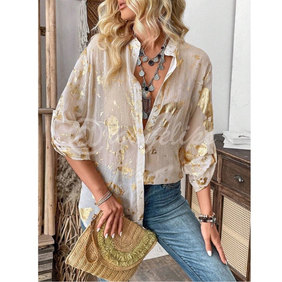 Gold Detail Beige Button Down Shirt Long Sleeve Semi-Sheer - Picture 4 of 8